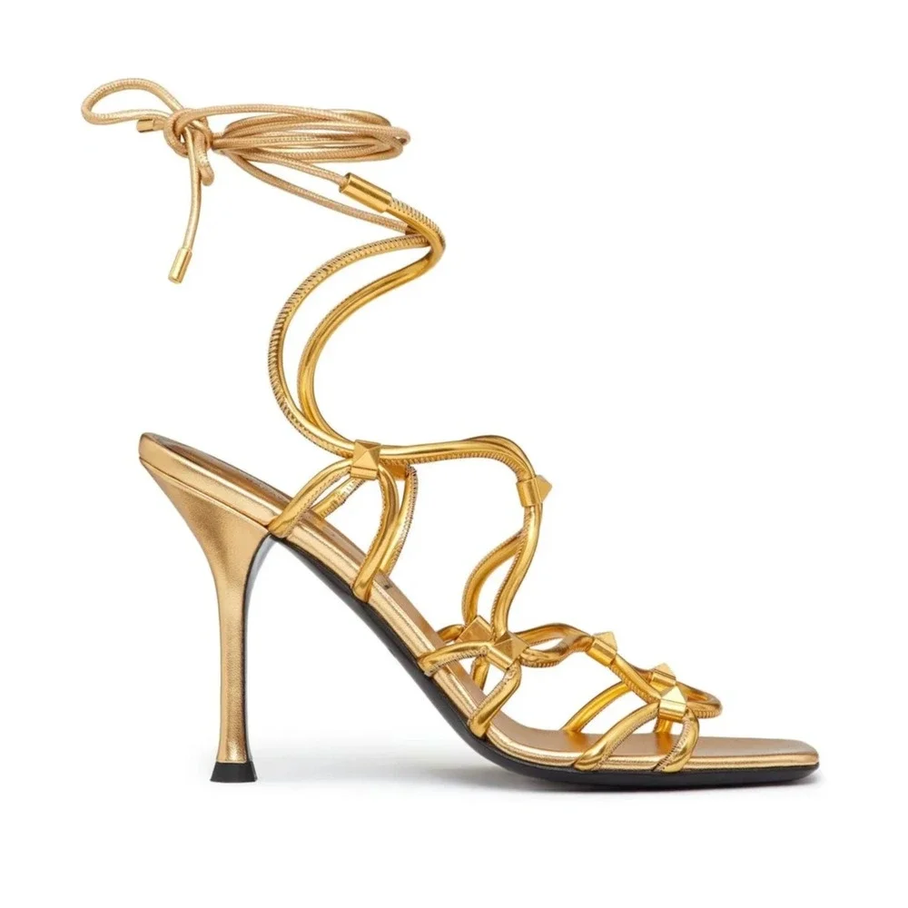 NIB Valentino Garavani Rockstud Net lace-up Heel Leather Sandals 40